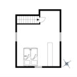 Einfache Grundrisszeichnung mit Treppenhaus und Fenstern.