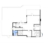 Wohnung mit Küche, Bad, zwei Schlafzimmern und Wohnbereich. Orientierung mit Kompass.