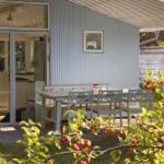 Terrasse mit Tisch und Stühlen vor blauem Haus mit Glastür.