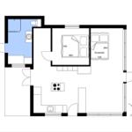 Wohnung mit Schlafzimmer, Bad und Küche. Sovesofa und Bett sind eingezeichnet.