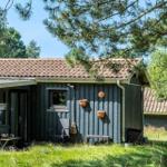 Ein kleines Haus mit grauer Holzfassade und braunem Dach, umgeben von Gras und Bäumen.