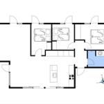 Wohnung mit Küche, Bad und drei Schlafzimmern mit Betten.