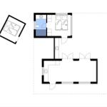 Zweizimmerwohnung mit Bad und Küche. Großer Wohnbereich mit Fenstern.