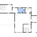 Zwei Schlafzimmer, Küche, Bad und Wohnbereich mit Kompass.