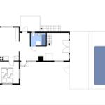 Geschosseinteilung mit Küche, Schlafzimmer und Bad