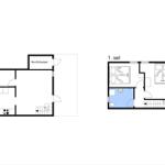 Stueplan zeigt Wohnbereich, Küche und Schlafzimmer mit Maßen.