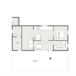 Wohnung mit Küche, Essbereich, zwei Schlafzimmern und Terrasse.