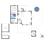 Wohnung mit Küche, Schlafzimmer und Bad. Außenbereich mit Pool und Garage.