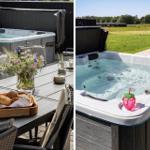 Außenbereich mit Whirlpool und Esstisch mit Blumen und Brot.