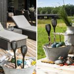 Terrasse mit Liegen und dekorativen Metallgefäßen auf Holzdielen.