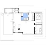 Wohnung mit Küche, Bad, Schlafzimmer und Alkove. Raumübersicht mit Orientierung.