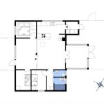 Apartment with bedroom, kitchen, bathroom, and shower.