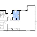 Wohnung mit Schlafzimmer, Küche und Bad. Raumübersicht mit Maßangaben.