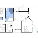 Wohnung mit zwei Schlafzimmern, Küche, Bad und Wohnbereich. Mit Kompassorientierung.