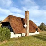 Haus mit Strohdach, Backstein-Kamin und Satellitenschüssel auf grünem Grund.