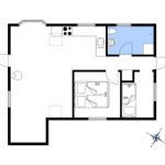 Apartment with kitchen, bathroom, and two bedrooms.