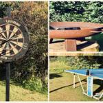 Outdoor area with dartboard, fire pit, and ping pong table.