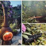 Outdoor area with chiminea, bench, and flower beds in the garden.