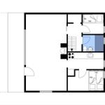 Wohnung mit Küche, Bad und zwei Schlafzimmern. Raumübersicht mit Kompass.