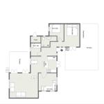 Wohnung mit drei Schlafzimmern, Küche, Bad und Terrassenbereich.