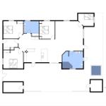 Funktionaler Grundriss mit drei Schlafzimmern, Küche und Bad.