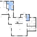 Apartment with kitchen, two bedrooms, and two bathrooms.