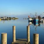 Hafen mit Booten und Steg im Vordergrund. Spiegelglatte Wasseroberfläche reflektiert die Schiffe.