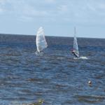 Zwei Windsurfer segeln auf dem offenen Meer.