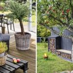 Deck with seating, plants, and apple tree. Fire pit and woodpile in the garden.