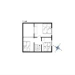 Ground floor plan with bedrooms, bathroom, and staircase.