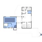 Floor plan of an apartment with three bedrooms, kitchen, and bathroom.