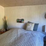Schlafzimmer mit Bett, Wandregal und Pflanze.
