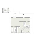 Apartment with terrace, kitchen, bathroom, and two bedrooms.