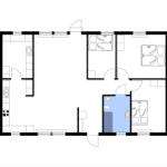 Apartment with three bedrooms, kitchen, and bathroom.