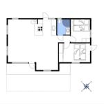 Apartment with kitchen, bathroom, and two bedrooms. Hallway with door to bathroom.