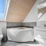 Bad mit Whirlpool, Toilette und Waschbecken unter Holzdecke mit Dachfenster.