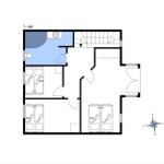 Erstes Stockwerk mit Schlafzimmer, Bad und Treppenhaus.