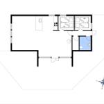 Apartment with kitchen, two bedrooms, and bathroom. Floor plan with compass.