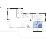 Stueplan zeigt Wohnung mit Küche, Bad, Schlafzimmer und Wohnbereich.