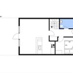 Stueplan zeigt Wohnbereich, Küche, Schlafzimmer und Badezimmer mit Treppe.