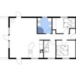 Wohnung mit Küche, Bad, zwei Schlafzimmern und Wohnbereich. Mit Kompassorientierung.