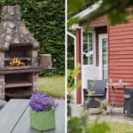 Außenbereich mit Steinofen und Terrasse vor rotem Holzhaus
