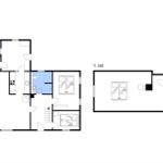 Stueplan zeigt Küche, Bad und Schlafzimmer mit Betten. 1. sal hat zwei Schlafzimmer und Treppenhaus.
