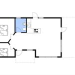 Zwei Schlafzimmer, Küche und Bad in einer Wohnung.