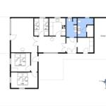 Gesamtplan mit Schlafzimmern, Küche, Bad und Garage.
