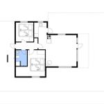 Zweizimmerwohnung mit Küche, Bad und Toilette. Raumübersicht mit Kompass.