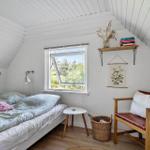Schlafzimmer mit Bett, Stuhl und Fenster. Decke ist schräg und weiß.