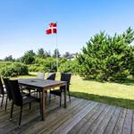 Terrasse mit Tisch und Stühlen, Blick auf Grünfläche und dänische Flagge.