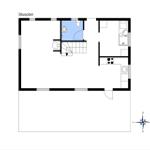 Stueplan zeigt Wohnfläche, Küche, Schlafzimmer und Bad mit Treppenhaus.