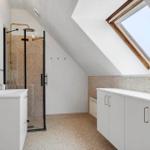 Badezimmer mit Dusche, Waschbecken und Dachfenster.